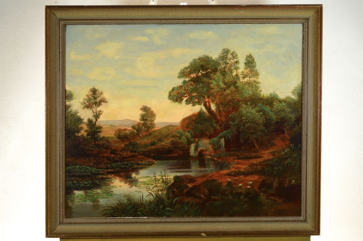 Detail k: Eduard Josef Müller, 1851 Ellenhausen-1922 Frankfurt am Main, Landschaftsmaler der Düsseldorfer Schule, hier: Landschaft mit See und Eingang zu ...