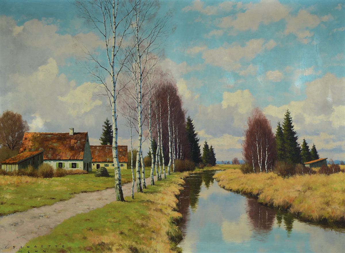 Carl Schaette, 1884 Korbach-1951 München, Landschaft im Dachauer Moos, Birken am Kanal, Öl/Lwd, links unten signiert und bez.: München, ca. ...