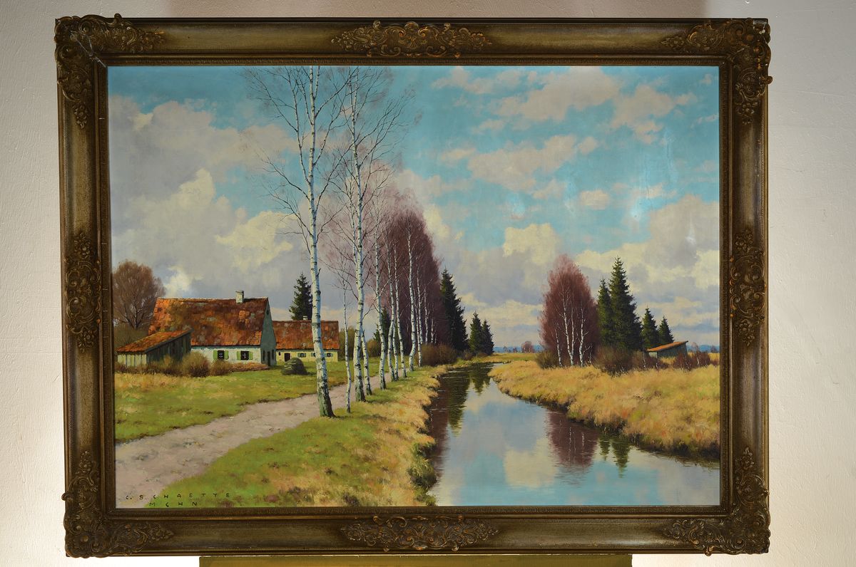 Detail k: Carl Schaette, 1884 Korbach-1951 München, Landschaft im Dachauer Moos, Birken am Kanal, Öl/Lwd, links unten signiert und bez.: München, ca. ...