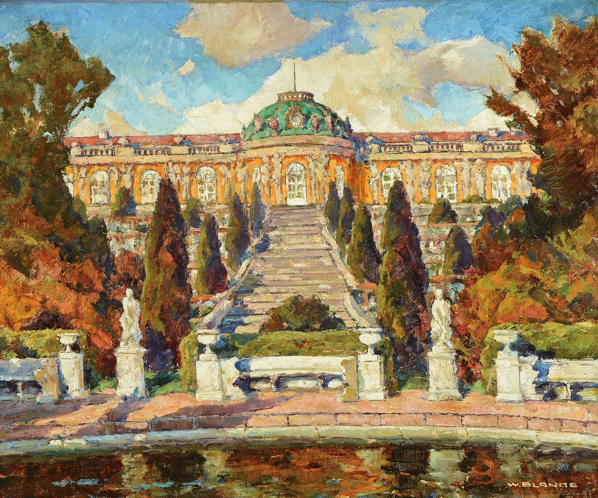 Wilhelm Blanke, 1873 Unruhstadt-1953 Berlin, Blick auf Schloß Sanssouci, Öl/Lwd, rechts unten signiert, ca. 50x60cm, R. ca. 61x71cm