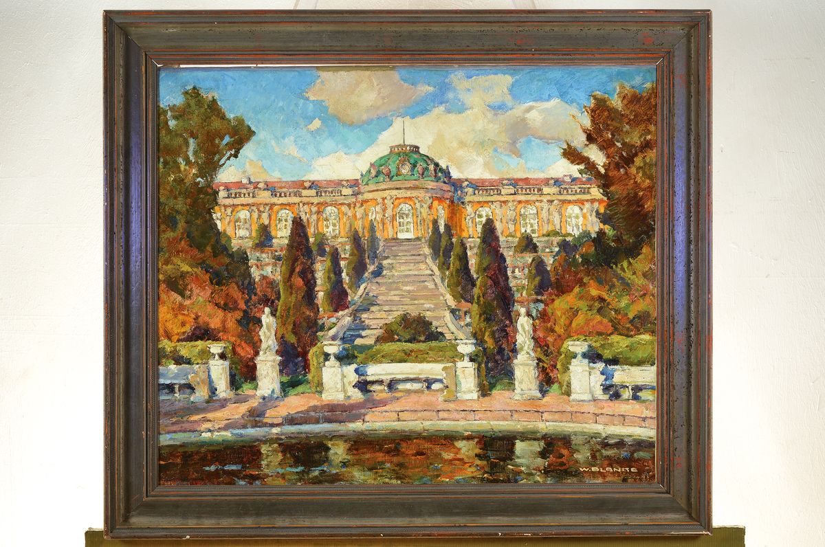 Detail k: Wilhelm Blanke, 1873 Unruhstadt-1953 Berlin, Blick auf Schloß Sanssouci, Öl/Lwd, rechts unten signiert, ca. 50x60cm, R. ca. 61x71cm
