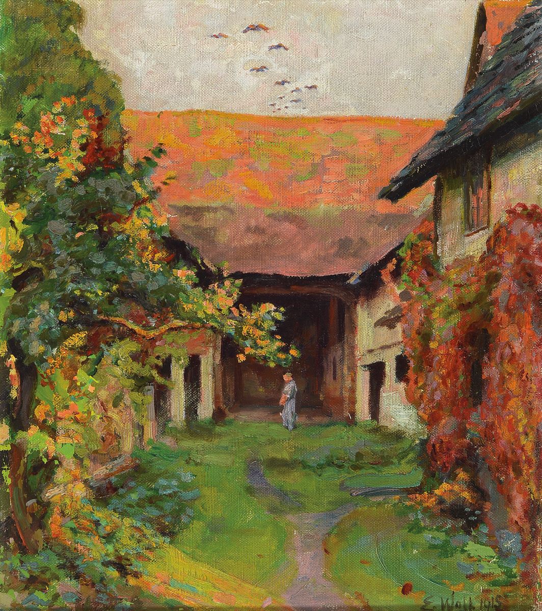 Elisabeth Wolf, Pfälzer Künstlerin, war tätig in Rheinzabern, Blick in einen Hof, Öl/Lwd, rechts unten signiert und dat. (19)15, ca. 40x35cm, R. ...