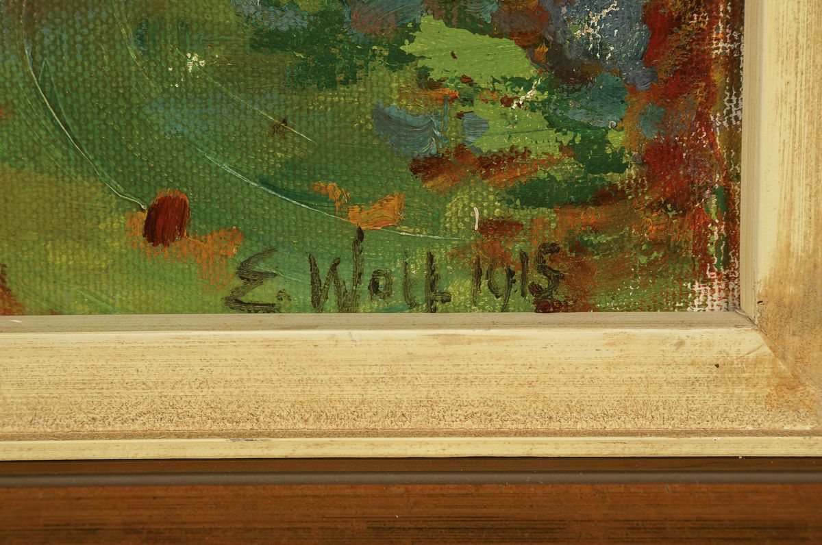 Detail a: Elisabeth Wolf, Pfälzer Künstlerin, war tätig in Rheinzabern, Blick in einen Hof, Öl/Lwd, rechts unten signiert und dat. (19)15, ca. 40x35cm, R. ...