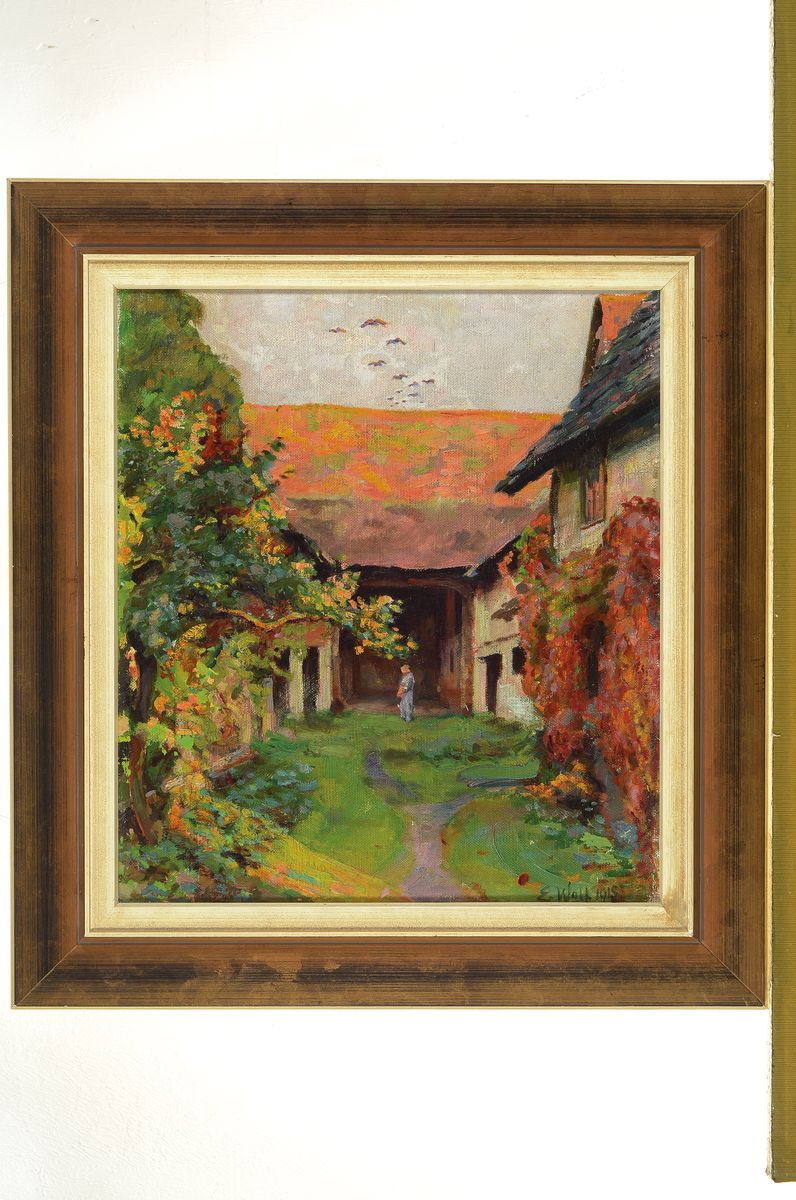 Detail k: Elisabeth Wolf, Pfälzer Künstlerin, war tätig in Rheinzabern, Blick in einen Hof, Öl/Lwd, rechts unten signiert und dat. (19)15, ca. 40x35cm, R. ...