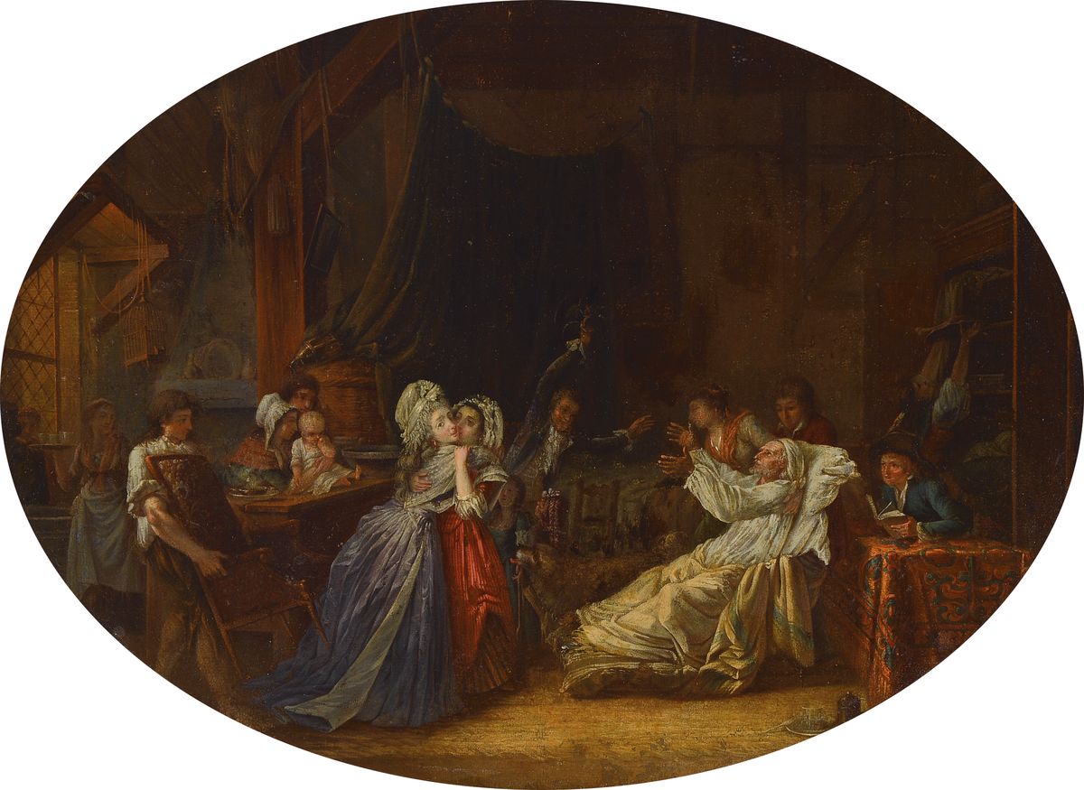 Unbekannter Künstler, in der Art des Niklas Lavraince II, 1737-1807, Besuch der Familie beim Kranken, Öl/Lwd, doubliert, rest., im Oval ca. ...