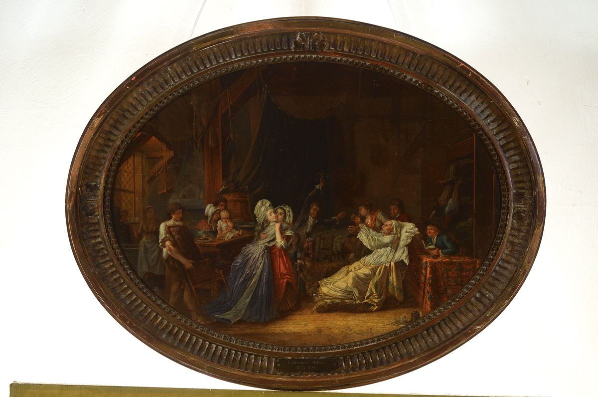 Detail k: Unbekannter Künstler, in der Art des Niklas Lavraince II, 1737-1807, Besuch der Familie beim Kranken, Öl/Lwd, doubliert, rest., im Oval ca. ...