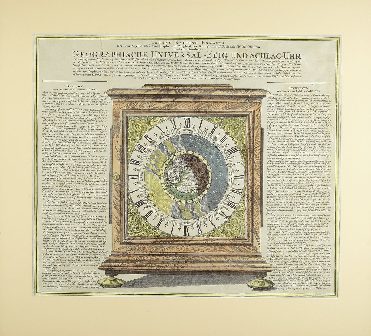 Kupferstich von Johann Baptist Homann, 1664-1724, Die geographische Universal Zeig- und Schlaguhr nach dem Uhrmachermeister Zacharias Landteck in ...