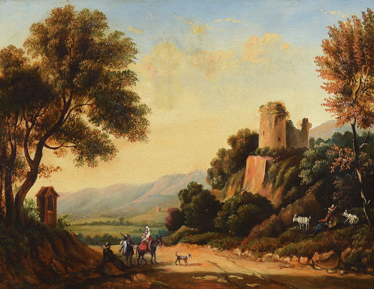 Unbekannter Romantiker, Mitte 19. Jh., Ideale Landschaft mit Ruine, Ziegenhirte und Reisenden, Öl/Lwd, rest., ca. 27x35cm, R. ca. 40x48cm