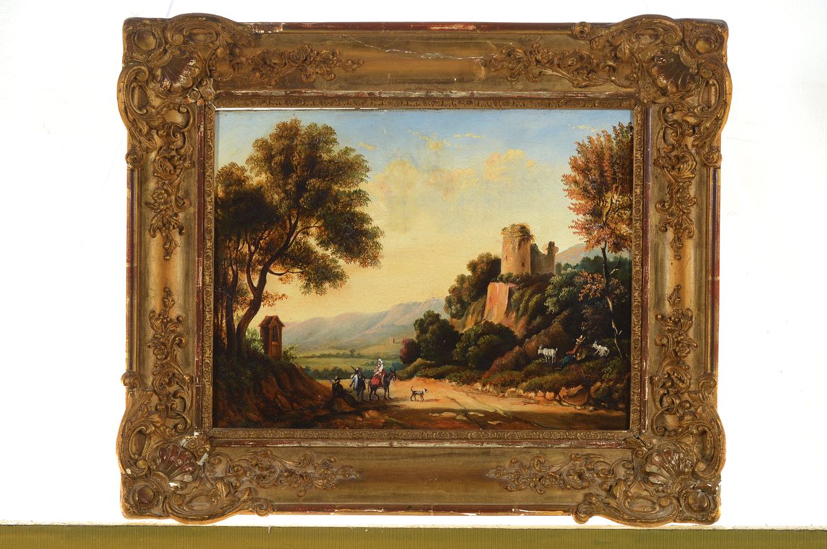 Detail k: Unbekannter Romantiker, Mitte 19. Jh., Ideale Landschaft mit Ruine, Ziegenhirte und Reisenden, Öl/Lwd, rest., ca. 27x35cm, R. ca. 40x48cm