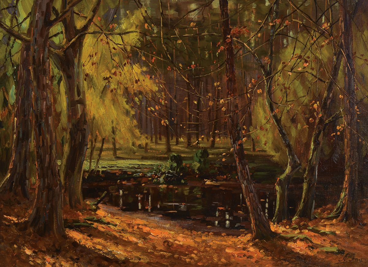 Adolf Rau, 1867 Frankfurt-1908 München, Blick in den Wald, Öl/Lwd, rechts unten signiert, ca. 50x70cm, R. ca. 62x82cm
