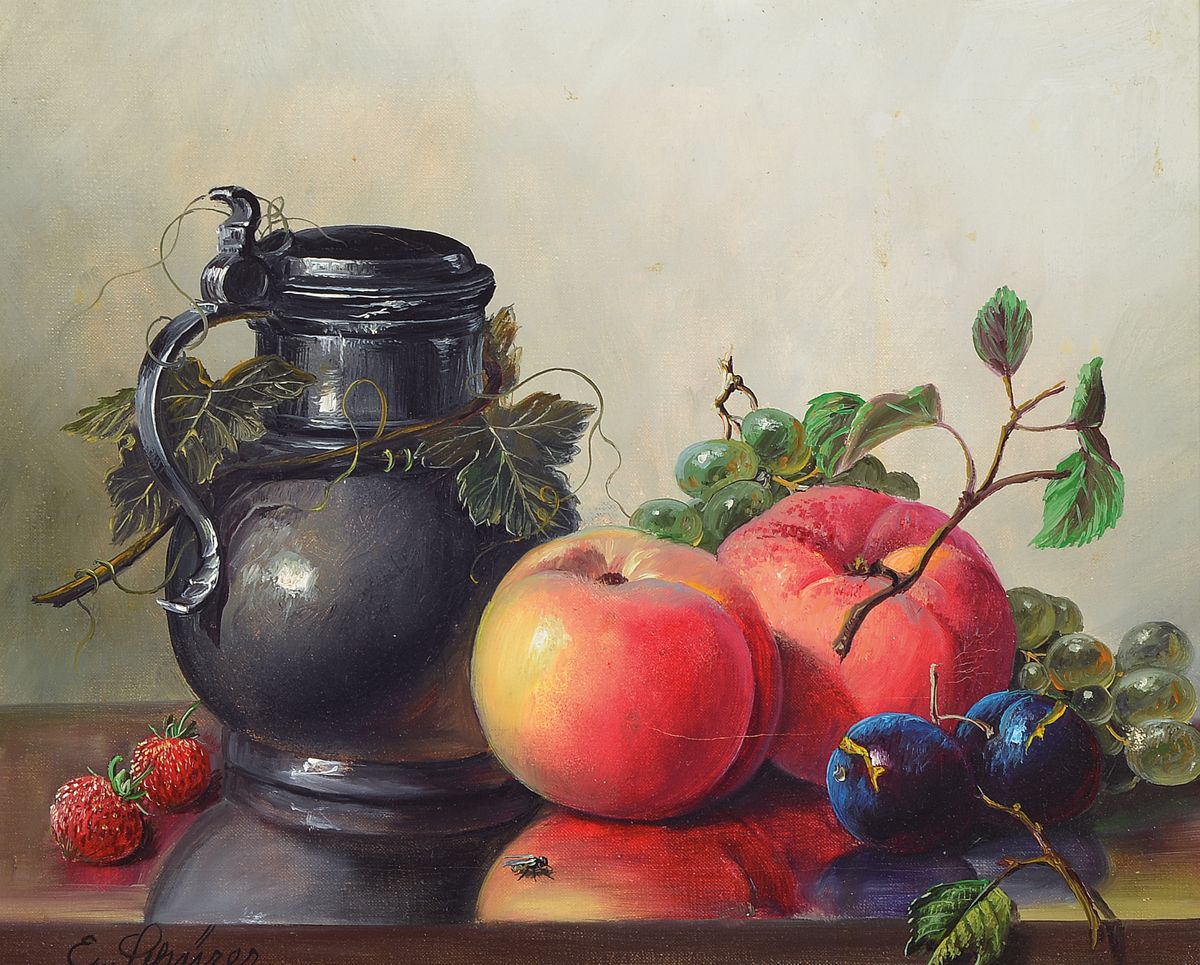 Erich Schürer, 1910 Schirnding-1998 München, Früchtestillleben mit Zinnkrug, Öl/Lwd, links unten signiert, ca. 24x30cm, R. ca. 35x 41cm