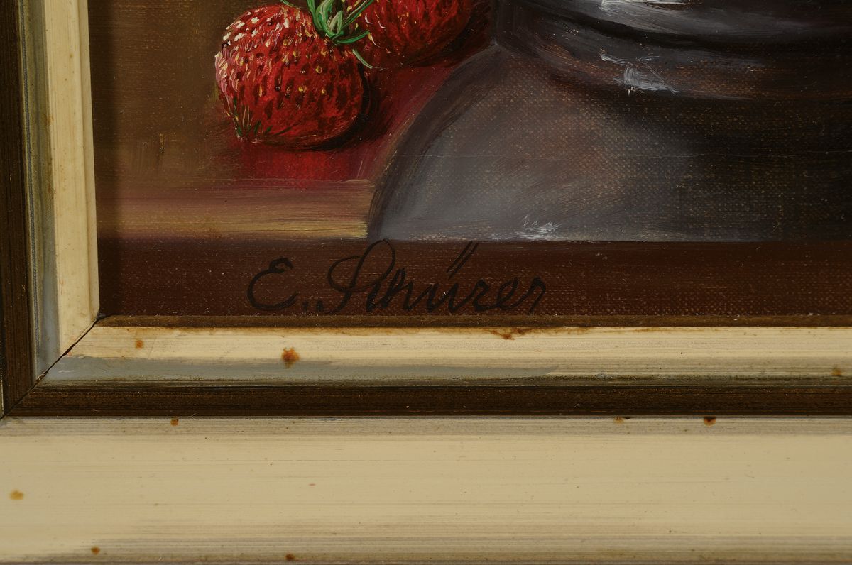Detail a: Erich Schürer, 1910 Schirnding-1998 München, Früchtestillleben mit Zinnkrug, Öl/Lwd, links unten signiert, ca. 24x30cm, R. ca. 35x 41cm