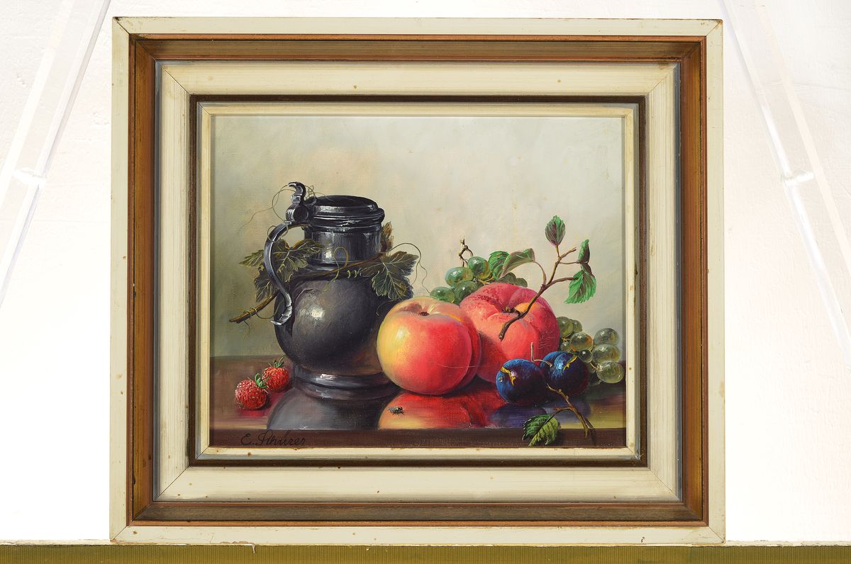 Detail k: Erich Schürer, 1910 Schirnding-1998 München, Früchtestillleben mit Zinnkrug, Öl/Lwd, links unten signiert, ca. 24x30cm, R. ca. 35x 41cm