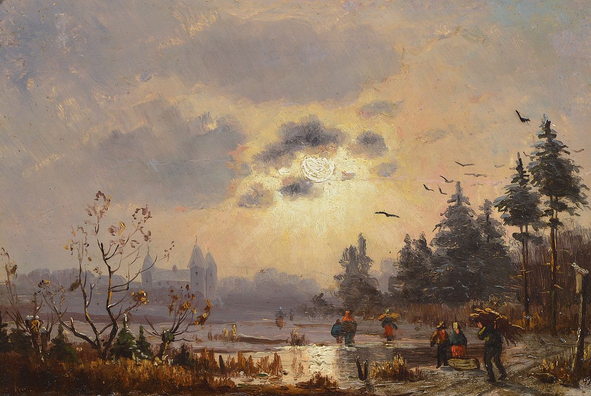 Unbekannter Künstler der Münchener Schule, um 1900, Winterlandschaft mit Reisigsammlern, im Hintergrund die Stadt im diesigen Licht, Öl/Holz, ca. ...