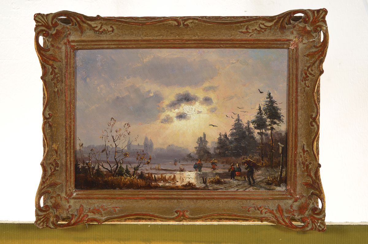 Detail k: Unbekannter Künstler der Münchener Schule, um 1900, Winterlandschaft mit Reisigsammlern, im Hintergrund die Stadt im diesigen Licht, Öl/Holz, ca. ...