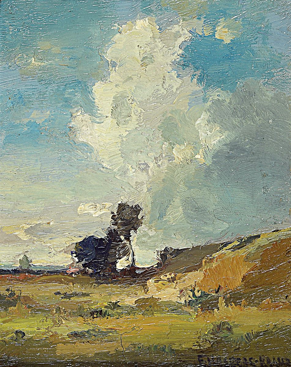 Fritz Halberg-Krauss, 1874 Stadtprozelten-1951Prien, Landschafts- und Wolkenstudie, Öl/Holz, rechts unten signiert, ca. 18x15cm, R.