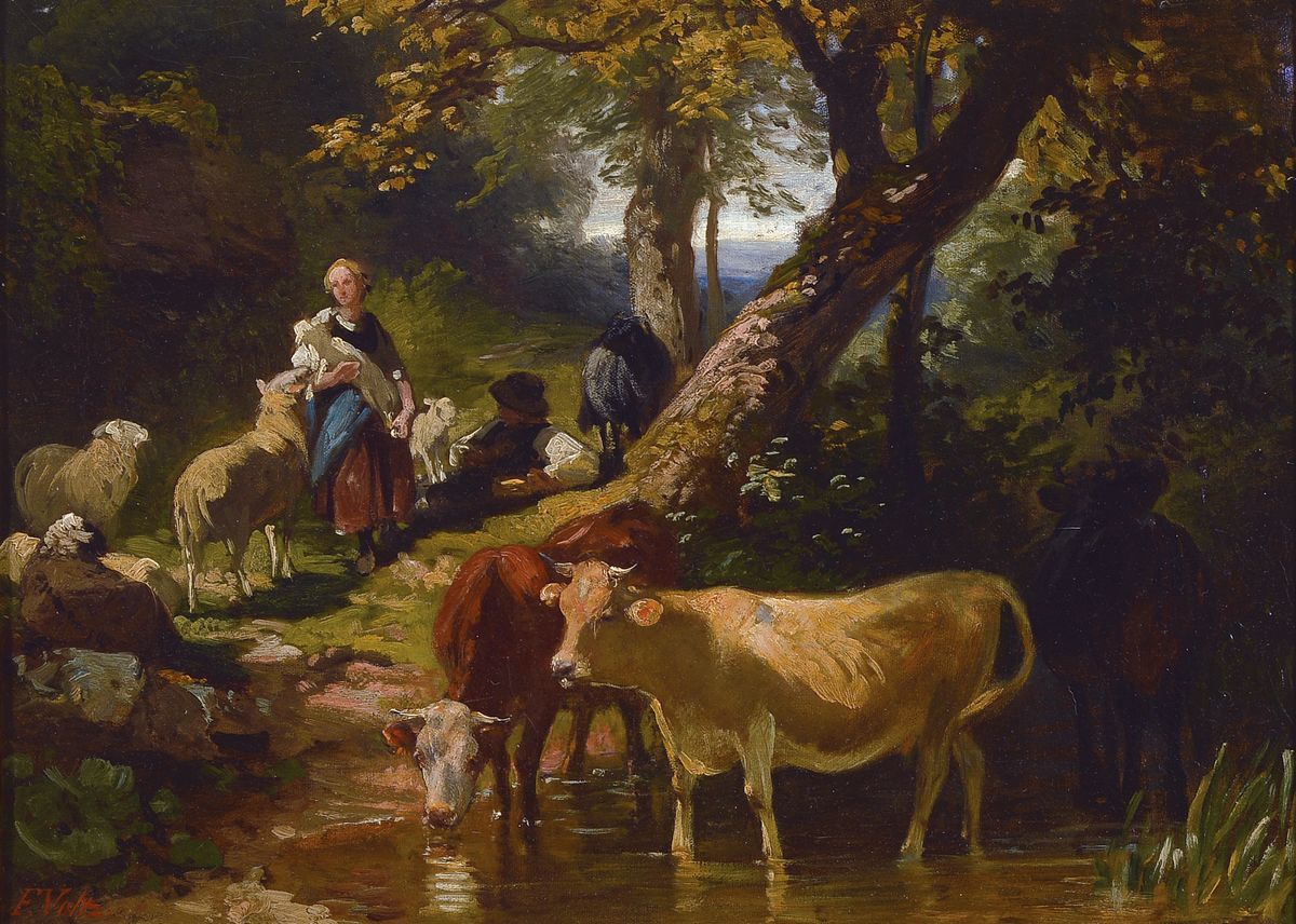 Friedrich Voltz, 1817 Nördlingen-1886 München, Studium an der Akademie München, bedeutender Tiermaler, hier: Kühe an der Tränke, dahinter ...