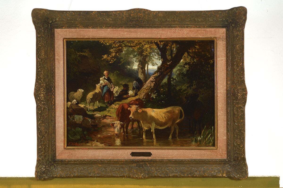 Detail k: Friedrich Voltz, 1817 Nördlingen-1886 München, Studium an der Akademie München, bedeutender Tiermaler, hier: Kühe an der Tränke, dahinter ...