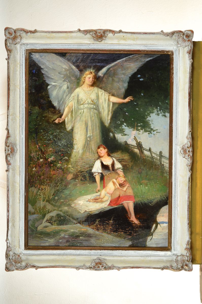 Detail k: Unbekannter Künstler, deutsch, 2. Hälfte 19. Jh., Schutzengel wacht über schlafende Kinder am Wasser, Öl/Lwd, doubl., Keilrahmen erneuert, ...