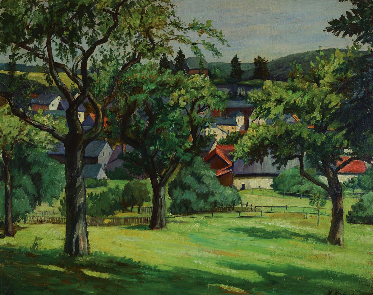 Hermann Herterich, geb. 1874 Frankfurt am Main, Studium am Städel in Frankfurt bei Hasselhorst, hier: Landschaft am Vogelsberg, Öl/Lwd, rechts ...