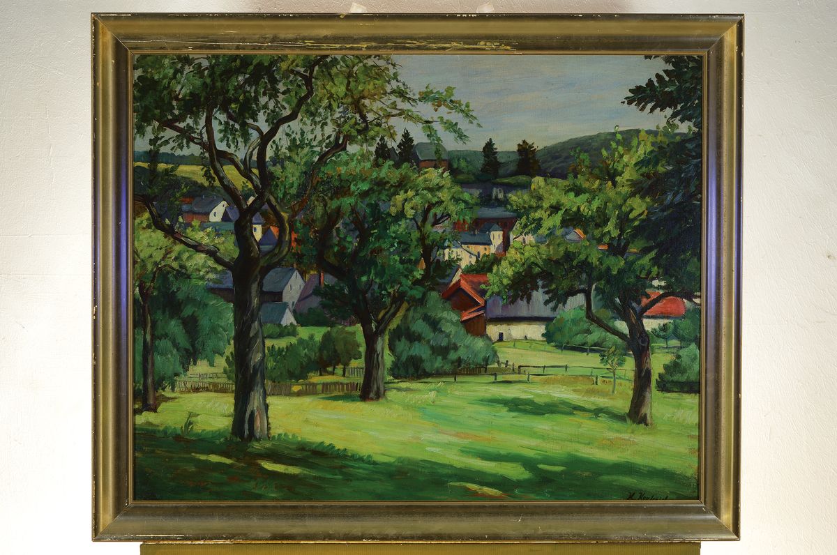 Detail k: Hermann Herterich, geb. 1874 Frankfurt am Main, Studium am Städel in Frankfurt bei Hasselhorst, hier: Landschaft am Vogelsberg, Öl/Lwd, rechts ...