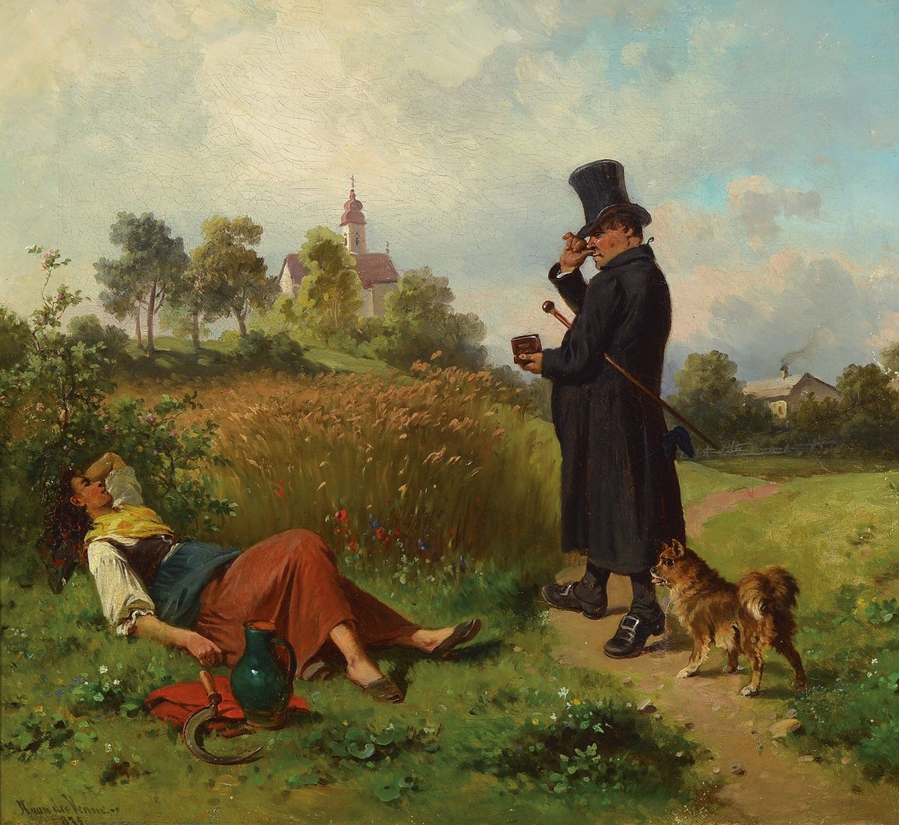 Adolf van der Venne, 1828 Wien-1911 Schweinfurt, Jugend und Alter, junge Frau schlafend am Wegesrand, beobachtet von einem Herrn mit Hund und ...