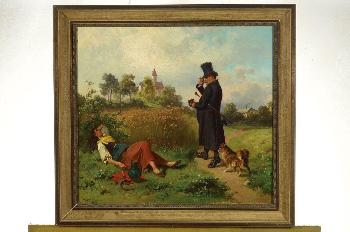 Detail k: Adolf van der Venne, 1828 Wien-1911 Schweinfurt, Jugend und Alter, junge Frau schlafend am Wegesrand, beobachtet von einem Herrn mit Hund und ...