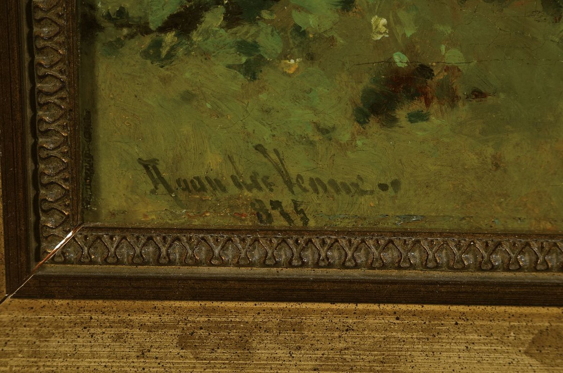 Detail l: Adolf van der Venne, 1828 Wien-1911 Schweinfurt, Jugend und Alter, junge Frau schlafend am Wegesrand, beobachtet von einem Herrn mit Hund und ...