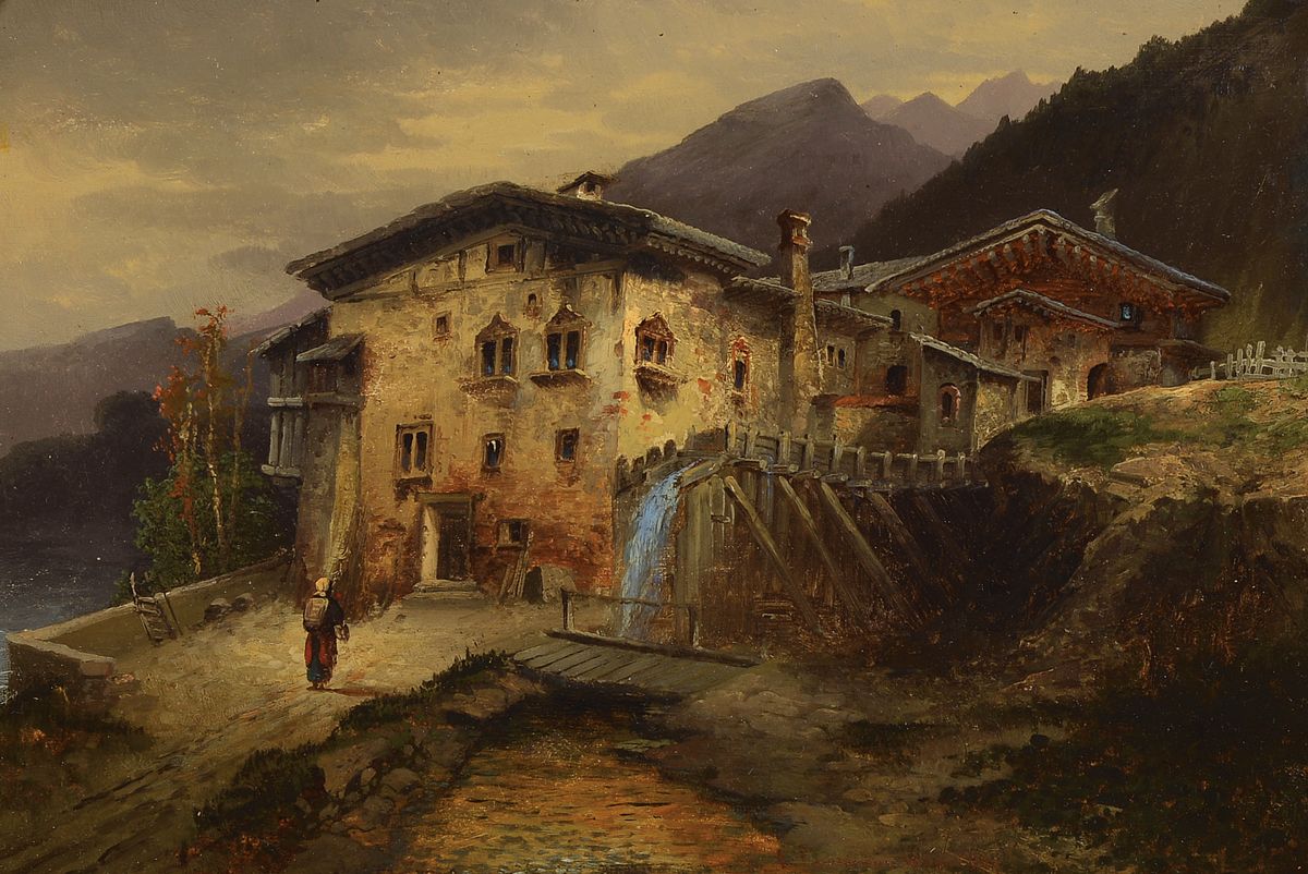 Karl Kaufmann, 1843 Neuplachowitz-1905 Wien, Mühle im Gebirge, Öl/Holz, mittig unten signiert K. Kaufmann Wien 1885 oder 1889, ca. 26x40cm, R. ca. ...