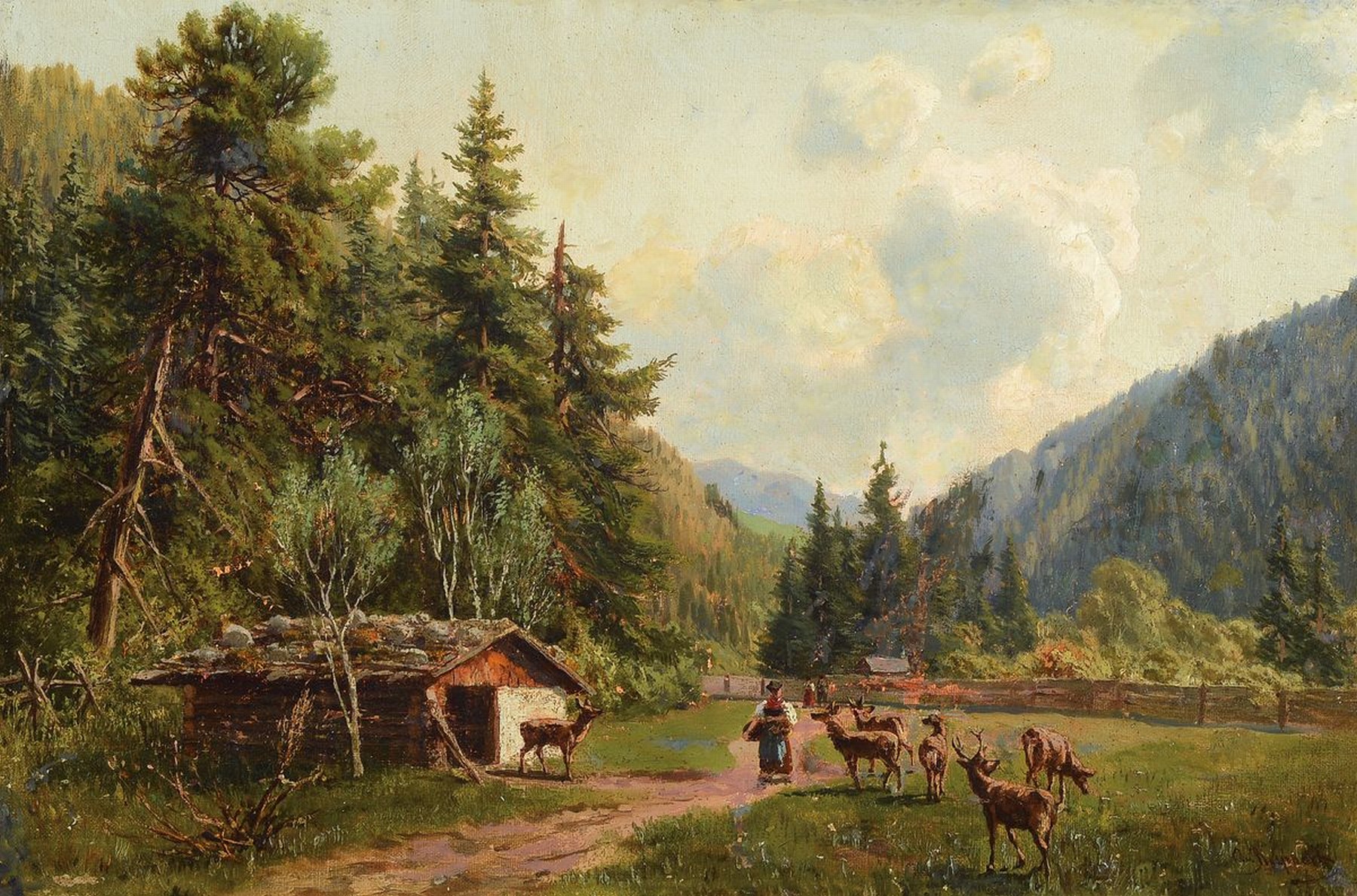 Otto von Ruppert, 1841 Waldshut-1923 München, Rotwild im Gehege, Öl/Lwd, rechts unten signiert, rückseitig auf dem Keilrahmen beschriftet: Partie ...