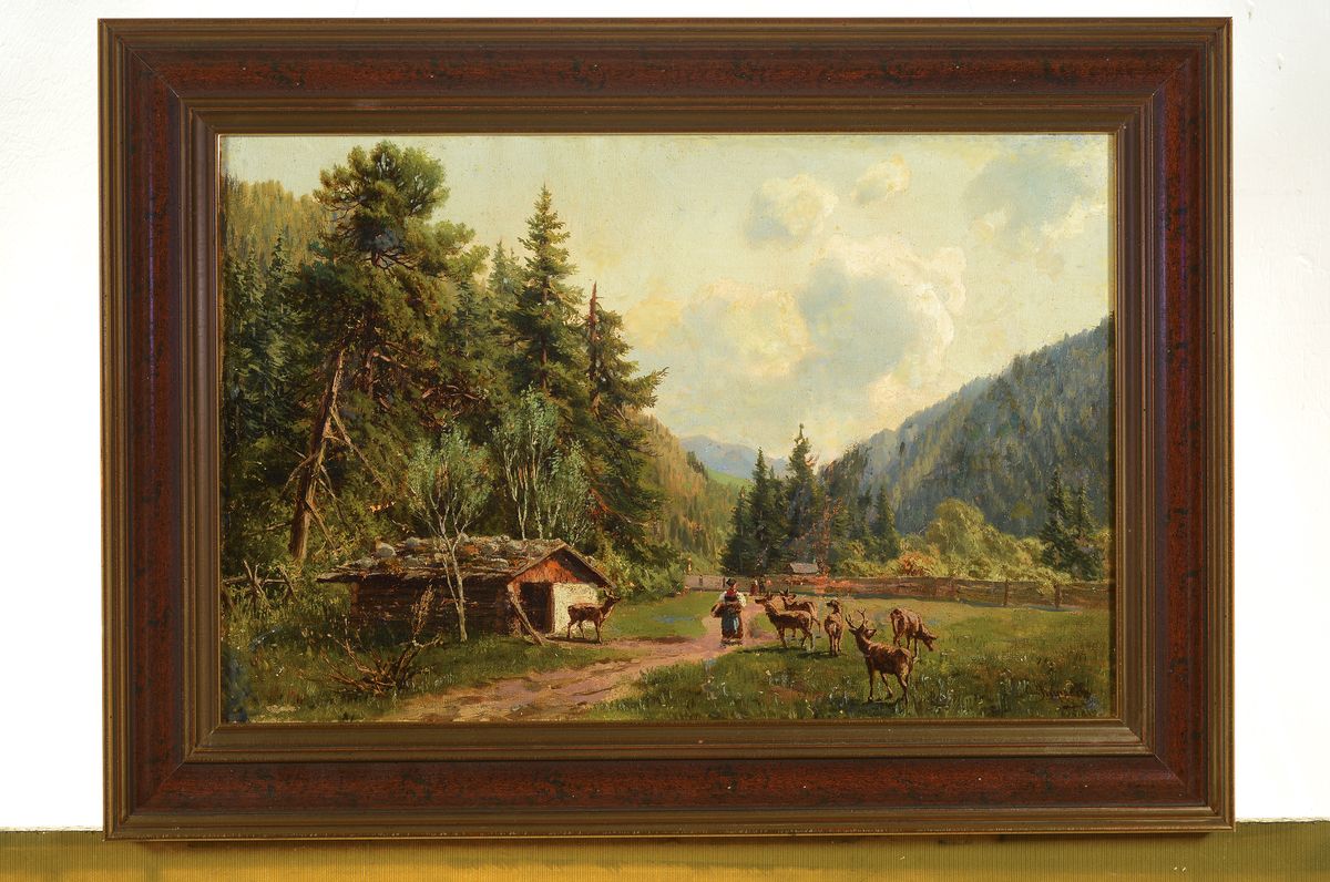 Detail k: Otto von Ruppert, 1841 Waldshut-1923 München, Rotwild im Gehege, Öl/Lwd, rechts unten signiert, rückseitig auf dem Keilrahmen beschriftet: Partie ...