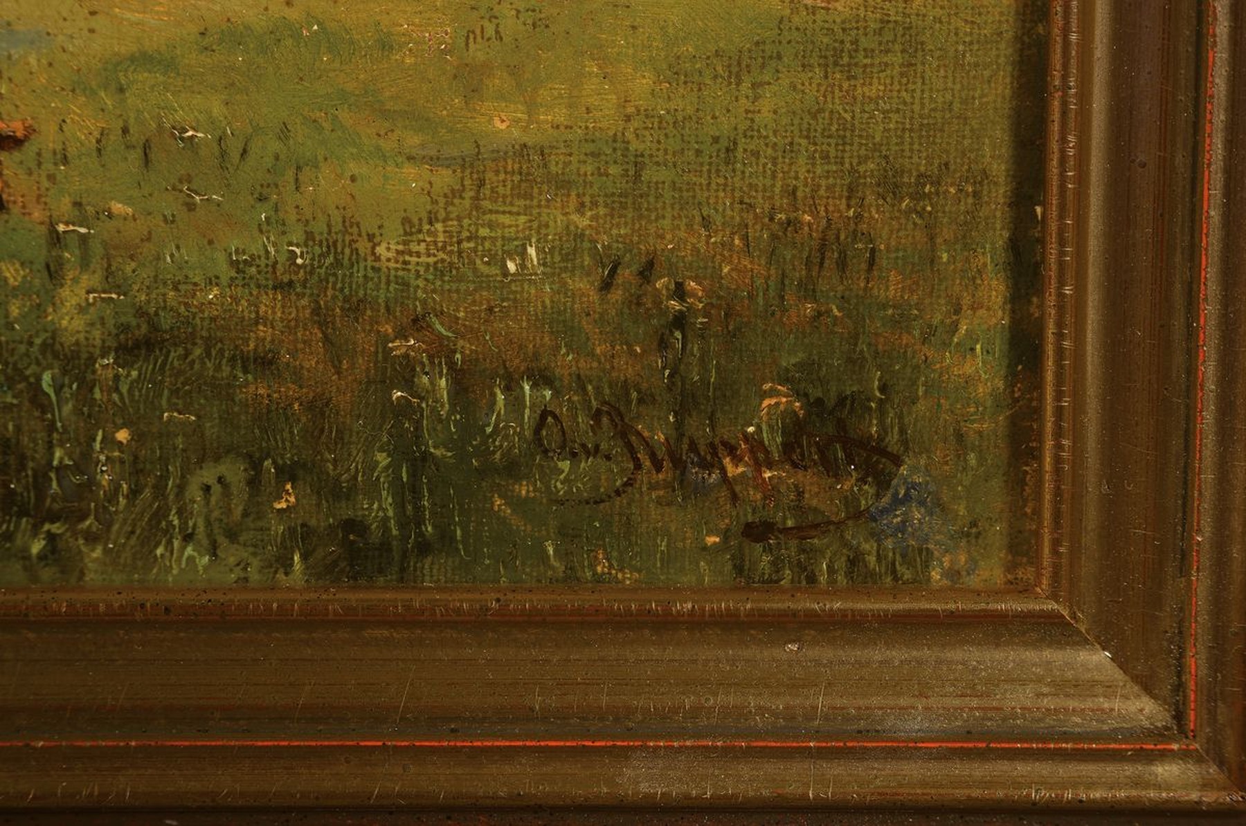 Detail l: Otto von Ruppert, 1841 Waldshut-1923 München, Rotwild im Gehege, Öl/Lwd, rechts unten signiert, rückseitig auf dem Keilrahmen beschriftet: Partie ...