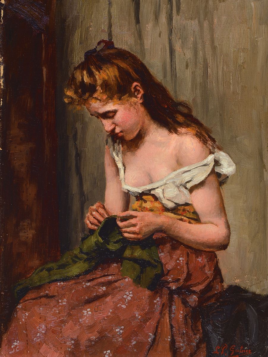 L.P. Gutner, Maler um 1900, Junge Frau beim Nähen, Öl/Lwd, rechts unten signiert, ca. 49x36cm, R. ca. 64x52cm