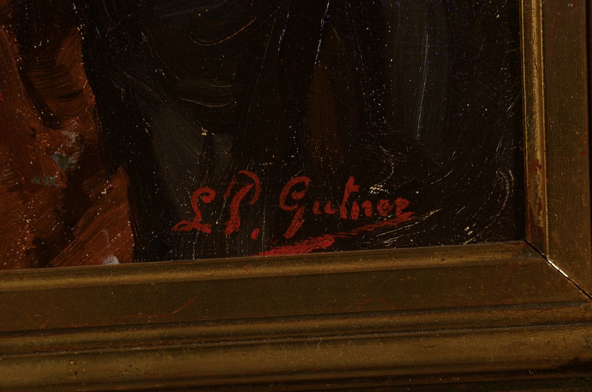 Detail a: L.P. Gutner, Maler um 1900, Junge Frau beim Nähen, Öl/Lwd, rechts unten signiert, ca. 49x36cm, R. ca. 64x52cm