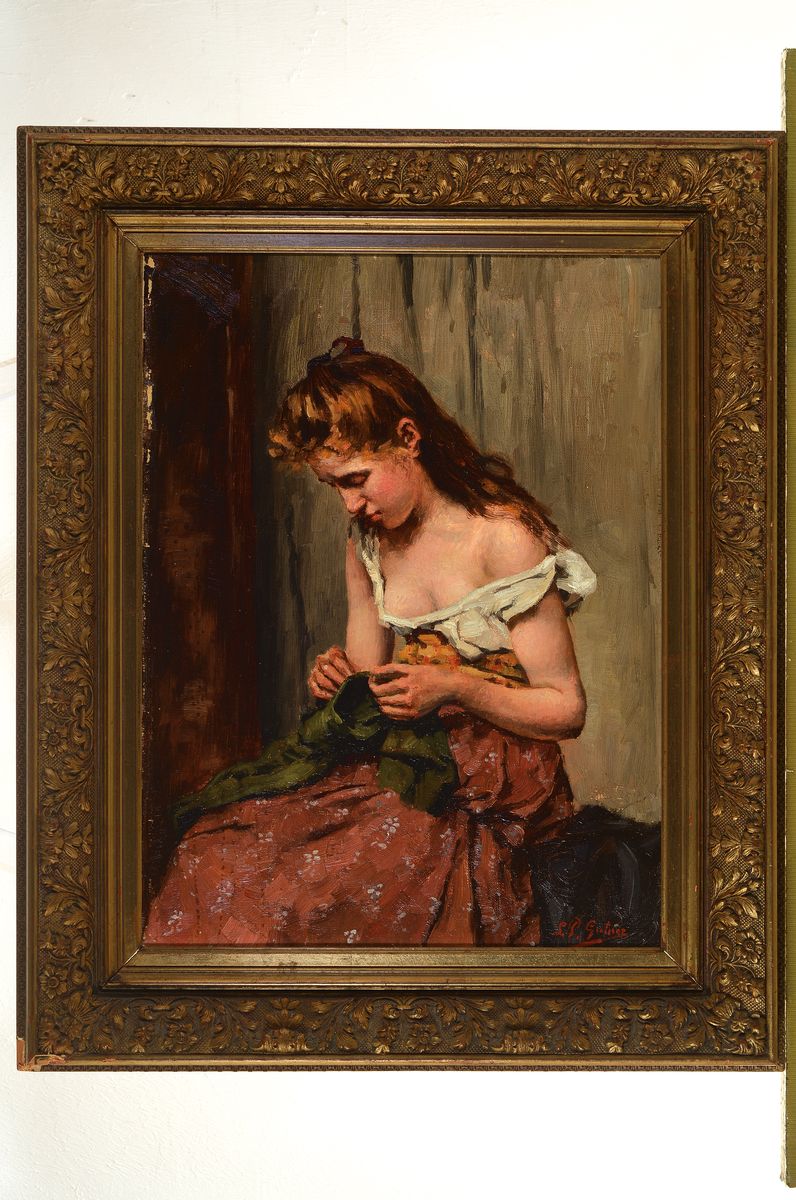 Detail k: L.P. Gutner, Maler um 1900, Junge Frau beim Nähen, Öl/Lwd, rechts unten signiert, ca. 49x36cm, R. ca. 64x52cm