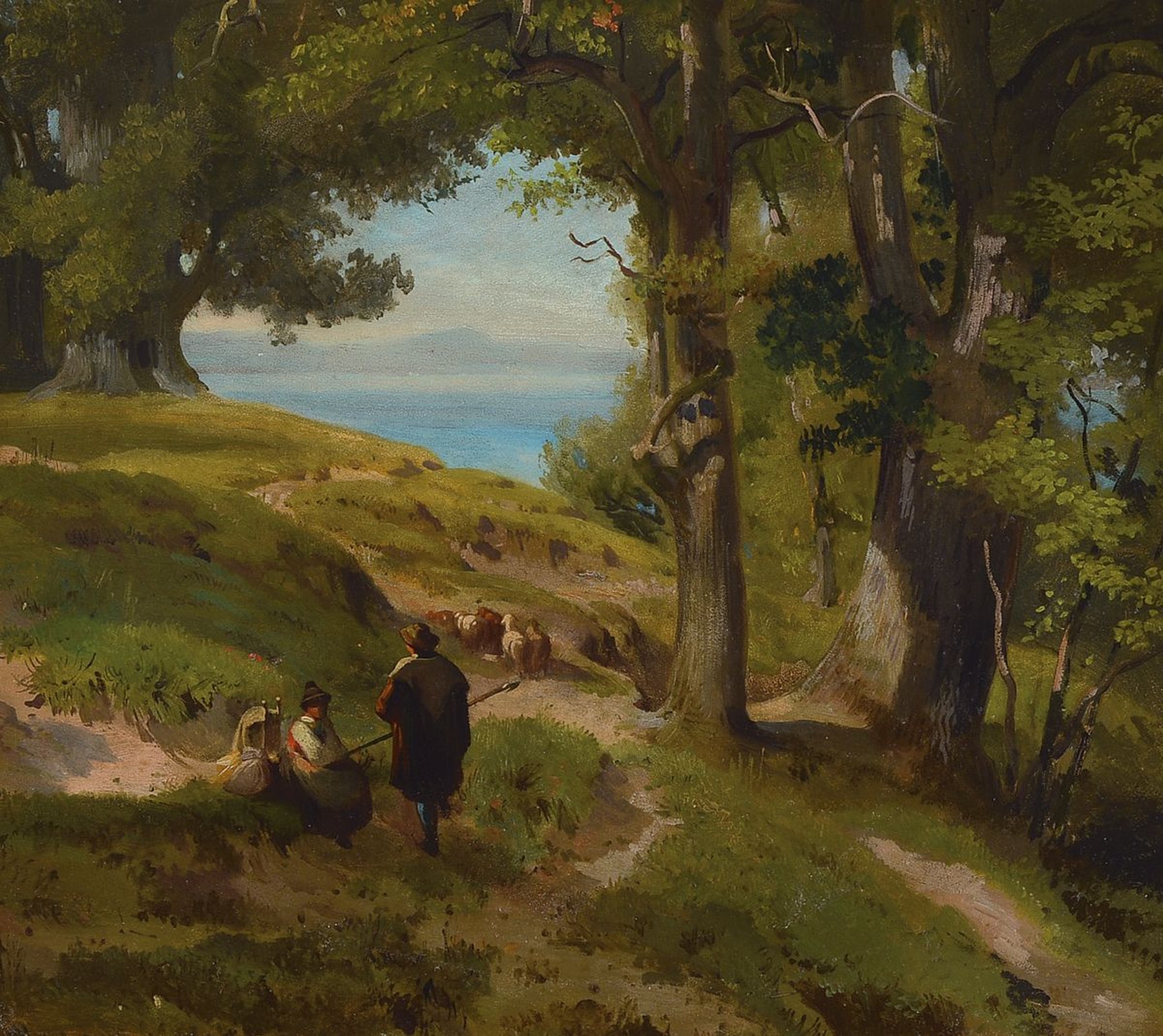 Unbekannter Maler der Münchener Schule, um 1900, Schäfer mit seiner Herde auf dem Weg zu einem oberbayerischen See, am Wegesrand eine rastende ...