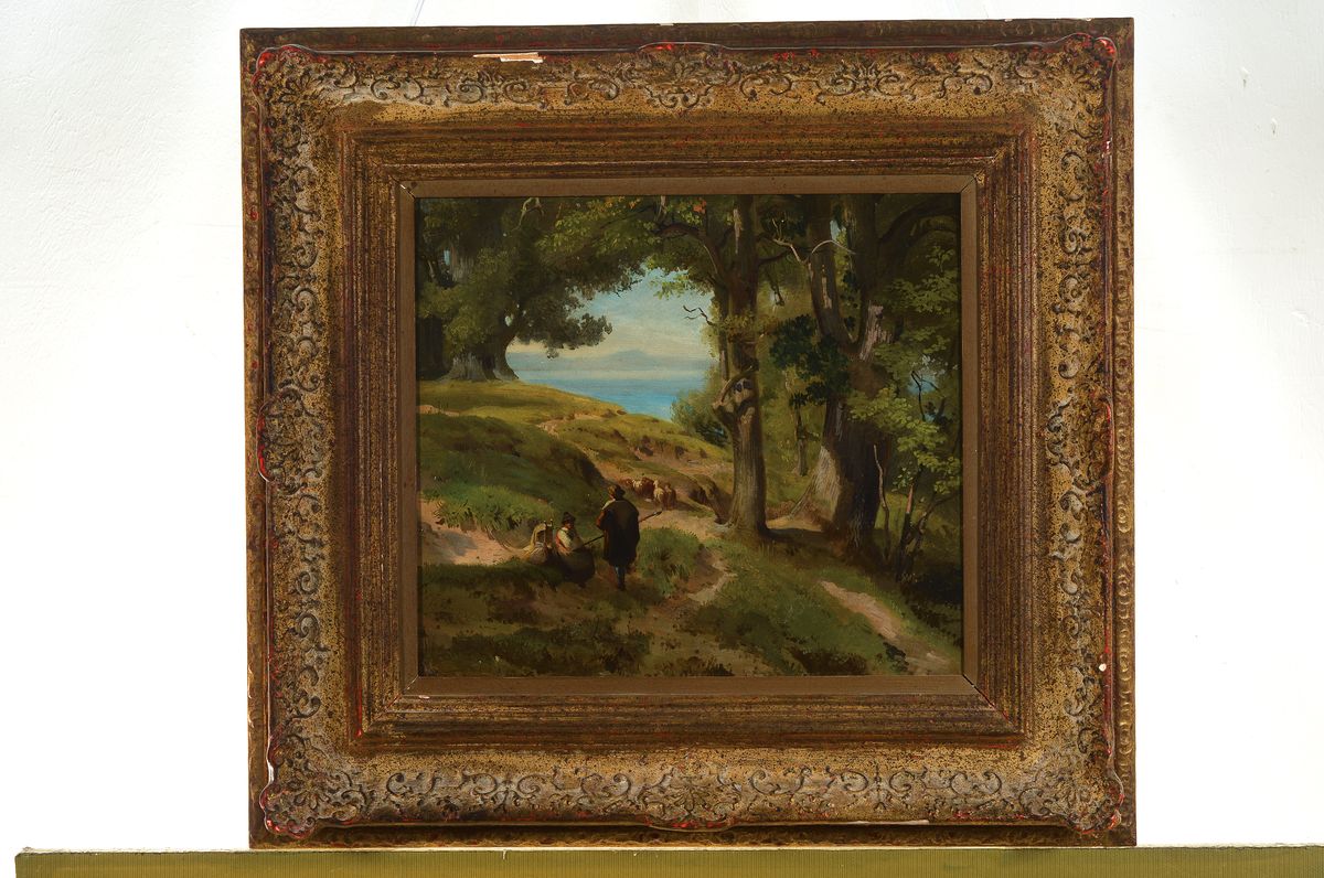 Detail k: Unbekannter Maler der Münchener Schule, um 1900, Schäfer mit seiner Herde auf dem Weg zu einem oberbayerischen See, am Wegesrand eine rastende ...