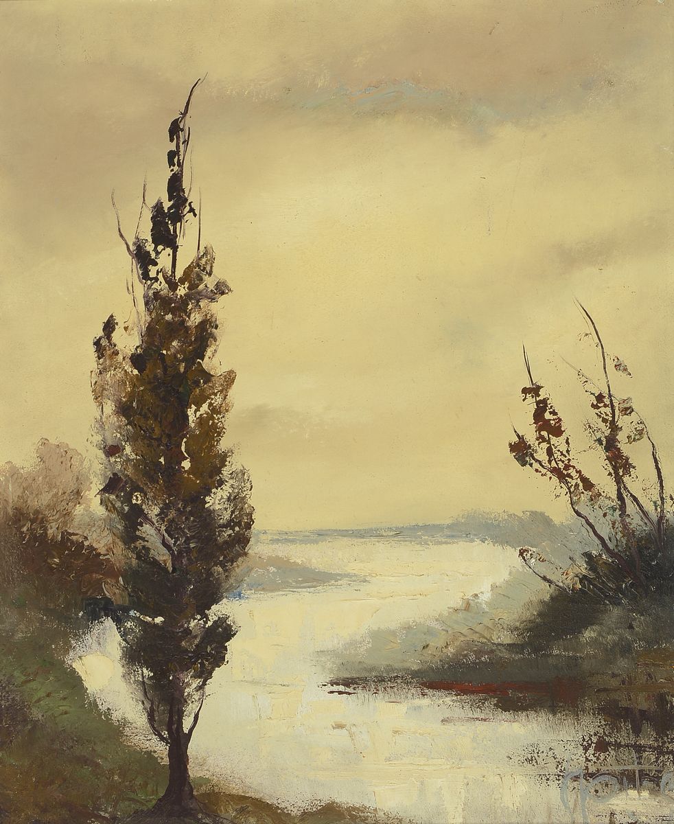 Karl Philipp Spitzer, 1887-1954 Speyer, Pappel am Bachlauf, Öl auf Hartfaser, rechts unten signiert, ca. 52x43cm, R. ca. 70x60cm