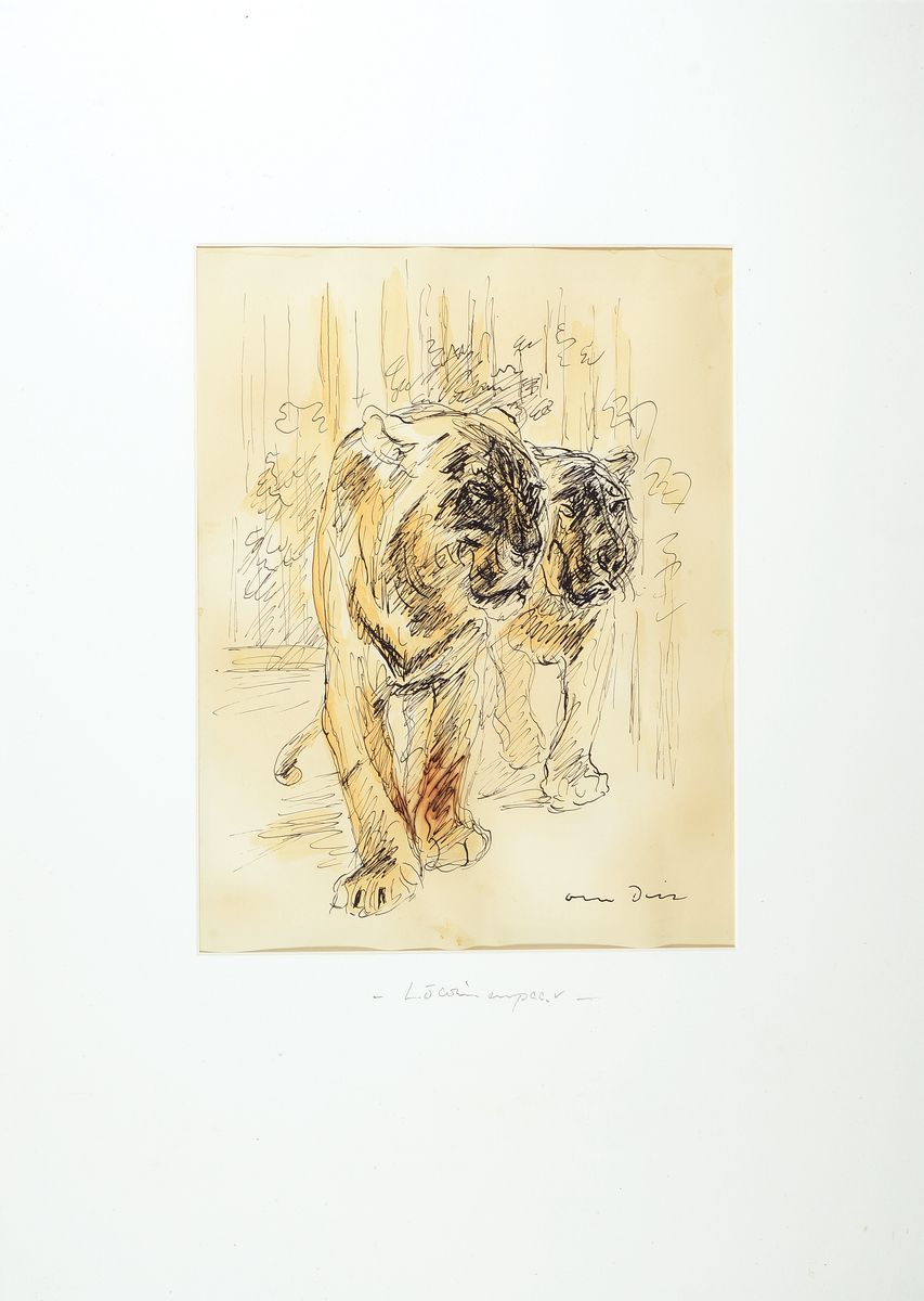 Otto Dill, 1884 Neustadt-1957 Bad Dürkheim, Löwenpaar, aquarellierte Tuschezeichnung, rechts unten handsigniert, ca. 36x27cm, PP, u.Gl., R. ca. ...