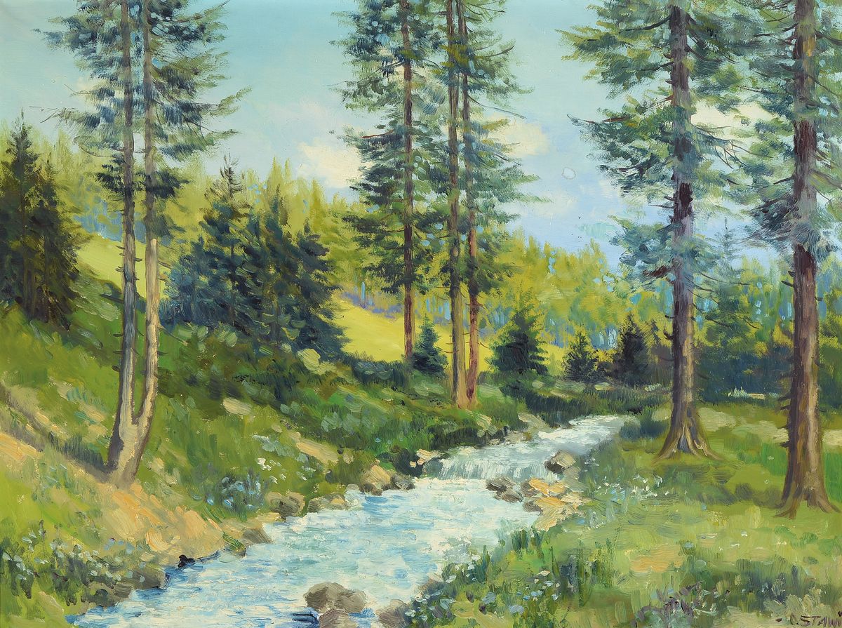 Ottmar Stawinoga, gen. Stawi, 1924 Beuthen-1980 Karlsruhe, 2 Arbeiten: Balzende Birkhähne, Öl/Lwd, sign., ca. 50x60cm, R.; Landschaft mit Bäumen ...