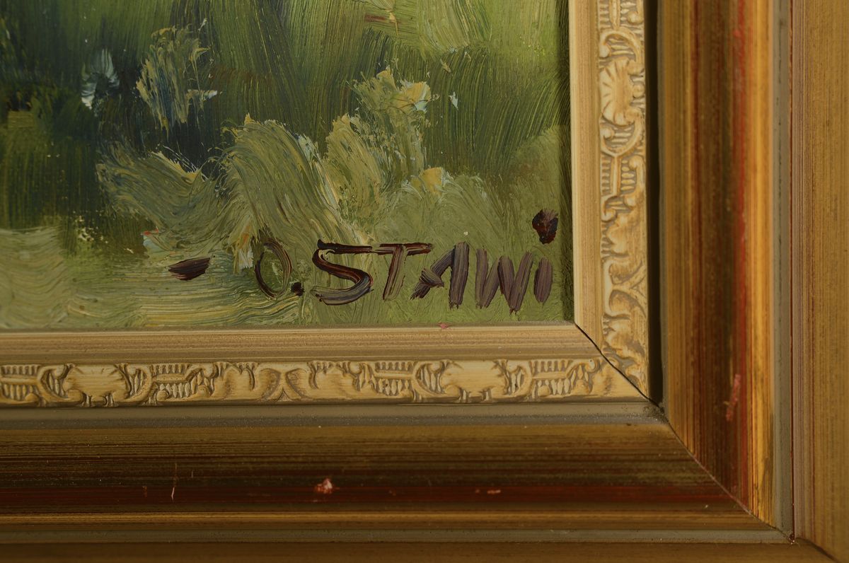 Detail a: Ottmar Stawinoga, gen. Stawi, 1924 Beuthen-1980 Karlsruhe, 2 Arbeiten: Balzende Birkhähne, Öl/Lwd, sign., ca. 50x60cm, R.; Landschaft mit Bäumen ...