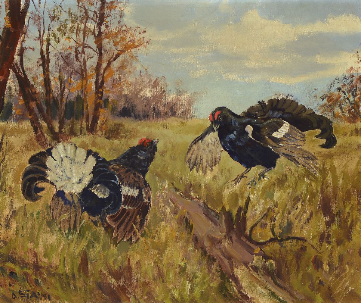 Detail c: Ottmar Stawinoga, gen. Stawi, 1924 Beuthen-1980 Karlsruhe, 2 Arbeiten: Balzende Birkhähne, Öl/Lwd, sign., ca. 50x60cm, R.; Landschaft mit Bäumen ...