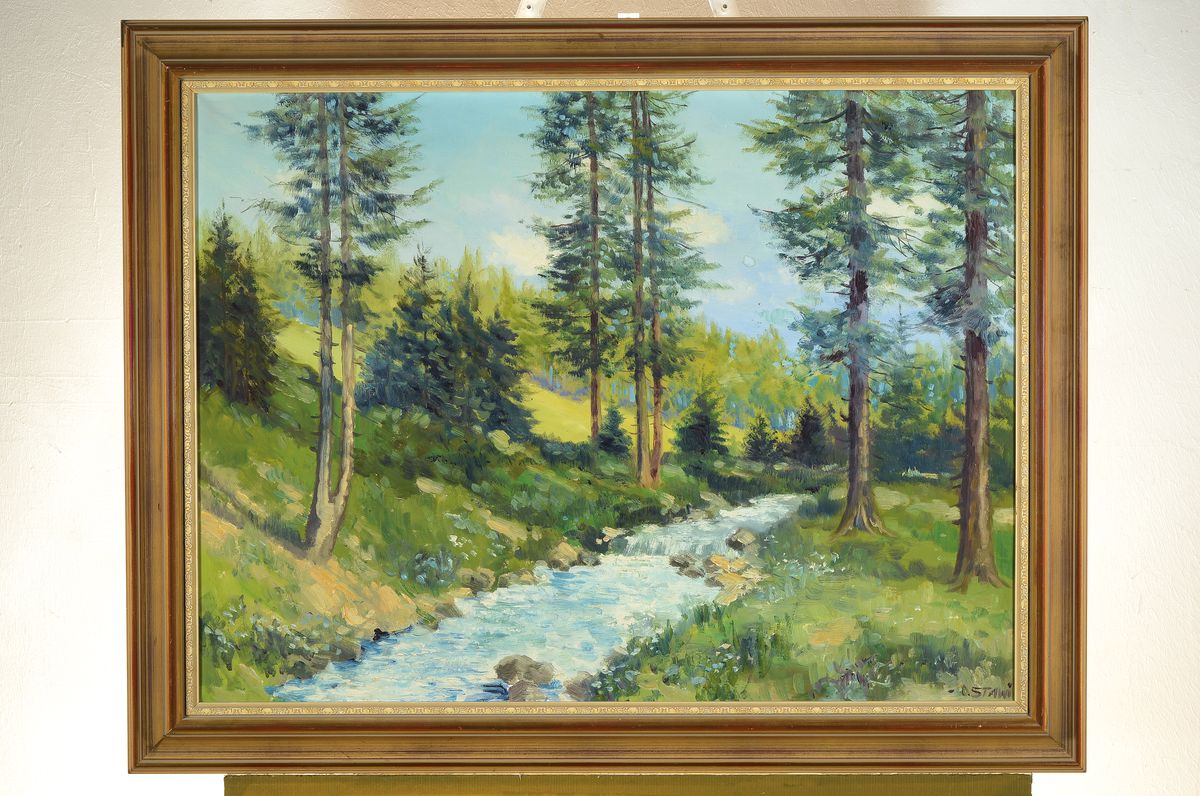Detail k: Ottmar Stawinoga, gen. Stawi, 1924 Beuthen-1980 Karlsruhe, 2 Arbeiten: Balzende Birkhähne, Öl/Lwd, sign., ca. 50x60cm, R.; Landschaft mit Bäumen ...