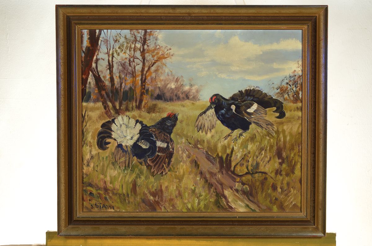 Detail n: Ottmar Stawinoga, gen. Stawi, 1924 Beuthen-1980 Karlsruhe, 2 Arbeiten: Balzende Birkhähne, Öl/Lwd, sign., ca. 50x60cm, R.; Landschaft mit Bäumen ...