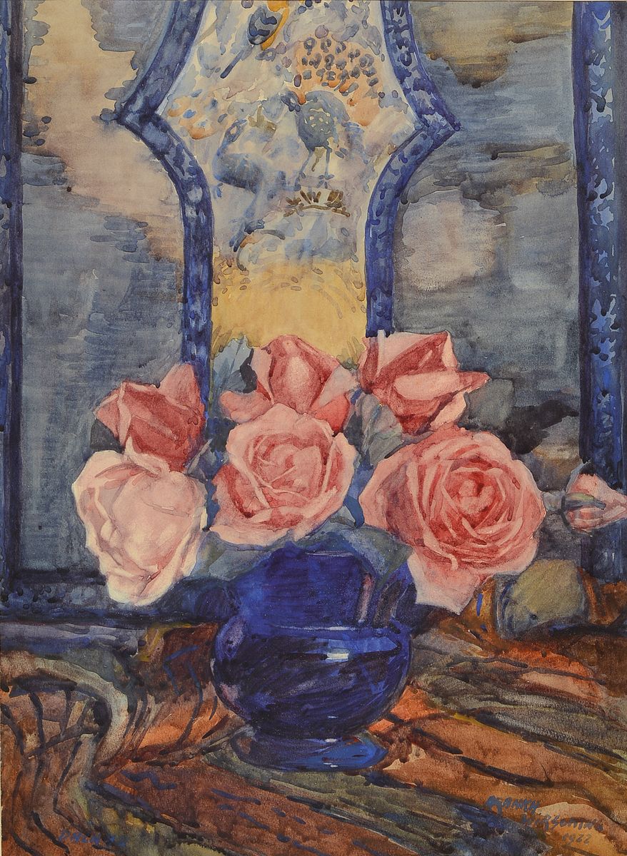 Aranka Wirsching, geb. Kovacs, geb. 1887 Budapest, Gattin des Malers Otto Wirsching, Studium an der Akademie Budapest, hier: Stillleben mit Rosen vor ...