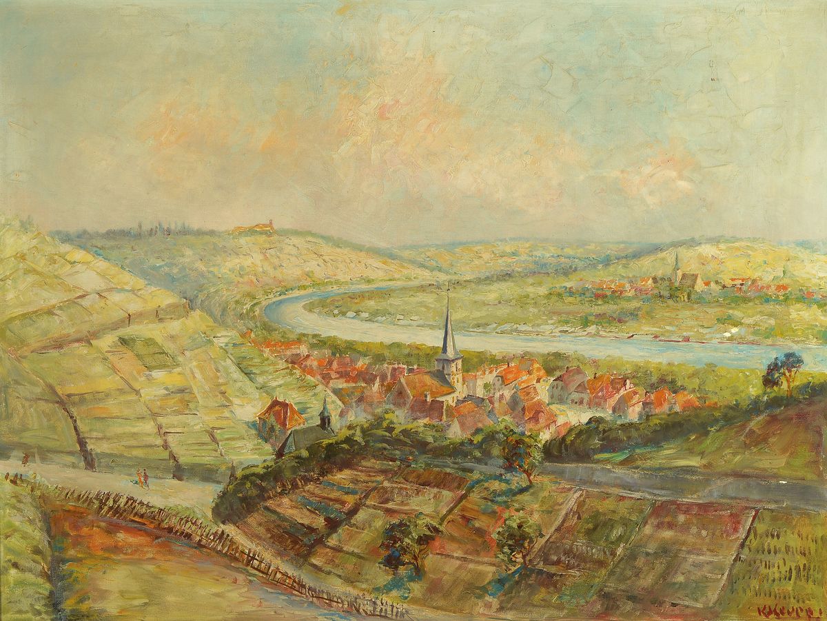 Karl Keupp, 1913-2002 Würzburg, Blick auf einen Fluss und zwei Ortschaften, Öl/Lwd, rechts unten signiert, ca. 60x80cm, R. ca. 73x92cm