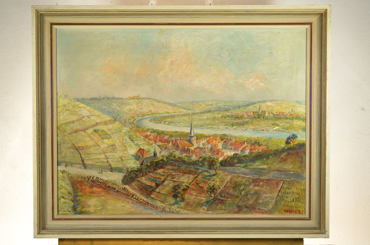 Detail k: Karl Keupp, 1913-2002 Würzburg, Blick auf einen Fluss und zwei Ortschaften, Öl/Lwd, rechts unten signiert, ca. 60x80cm, R. ca. 73x92cm