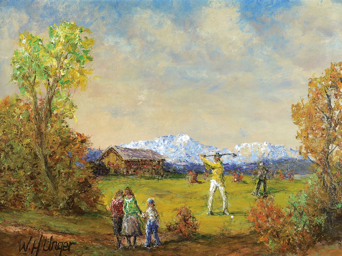 Wolfgang Heinz Unger, geb. 1929 Halle an der Saale, Auf dem Golfplatz, Öl/Lwd, signiert, rückseitig nochmals signiert und betitelt, ca. 60x80cm, R. ...