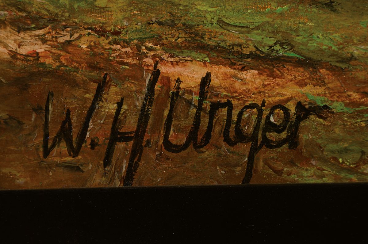 Detail a: Wolfgang Heinz Unger, geb. 1929 Halle an der Saale, Auf dem Golfplatz, Öl/Lwd, signiert, rückseitig nochmals signiert und betitelt, ca. 60x80cm, R. ...