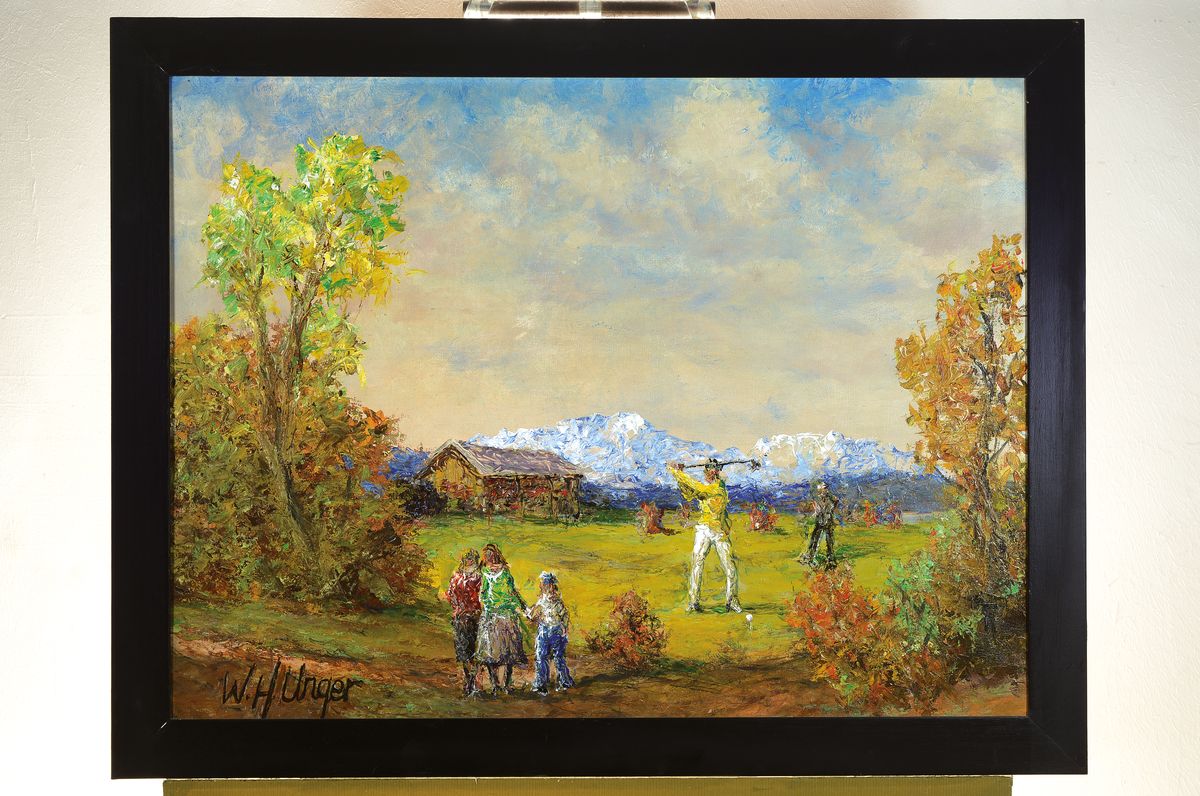Detail k: Wolfgang Heinz Unger, geb. 1929 Halle an der Saale, Auf dem Golfplatz, Öl/Lwd, signiert, rückseitig nochmals signiert und betitelt, ca. 60x80cm, R. ...